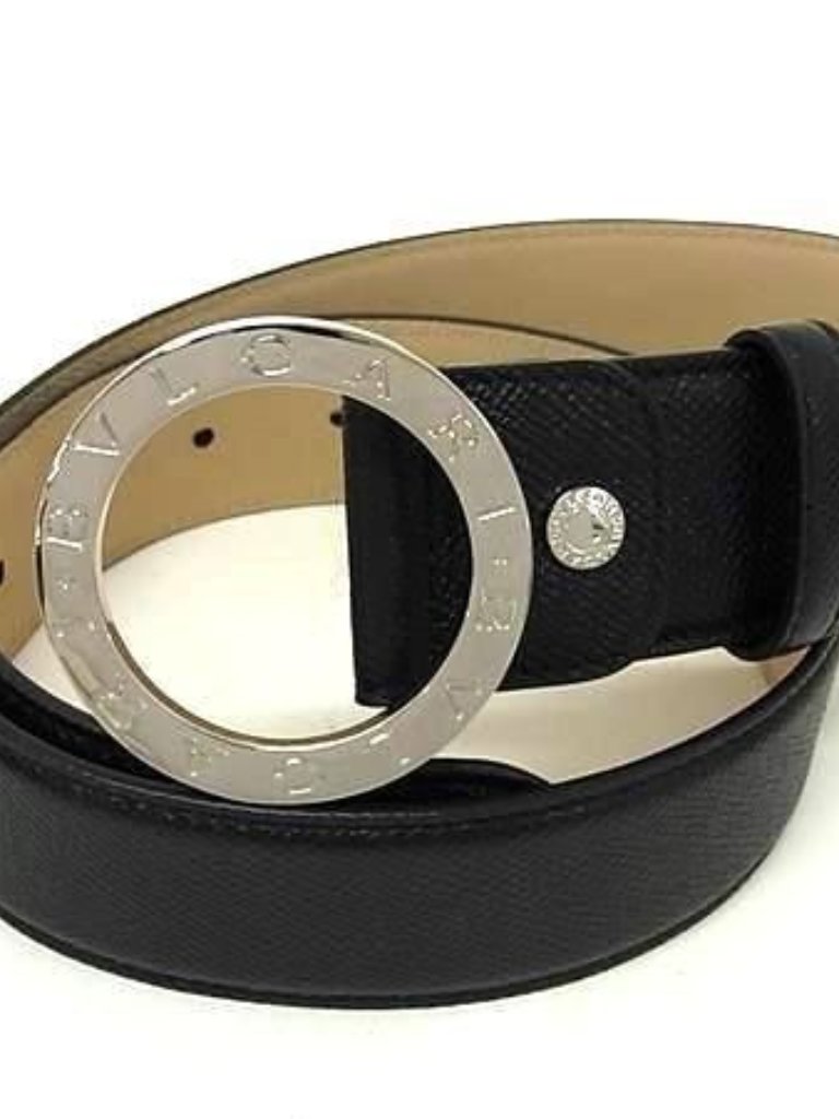 Bvlgari Belt Black Leather Circle Logo Gold